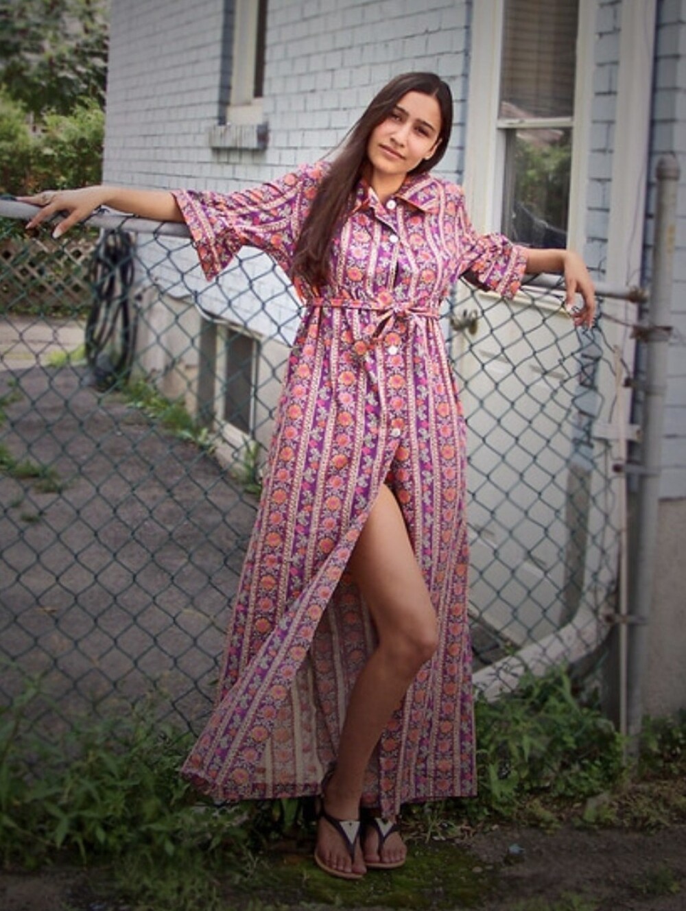 70s Vintage Cotton Floral Maxi Gown with Tie High Waist